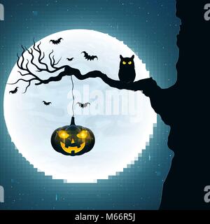 Hintergrund für Halloween. Schwarze Eule auf dem Baum. Kürbis mit leuchtend gelben Augen. Fledermäuse fliegen vor dem Hintergrund der Vollmond. Vektor illustrati Stock Vektor