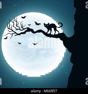 Hintergrund für Halloween. Schwarze Katze auf dem Baum. Fledermäuse fliegen vor dem Hintergrund der Vollmond. Vector Illustration Stock Vektor