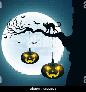 Hintergrund für Halloween. Schwarze Katze auf dem Baum. Fledermäuse fliegen vor dem Hintergrund der Vollmond. Halloween Kürbisse mit glühenden Augen. Vektor illust Stock Vektor