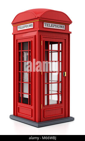 Red britische Telefonzelle auf weißem Hintergrund. 3D-Darstellung. Stockfoto