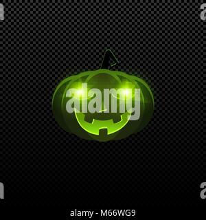 Cartoon Böse Halloween Kürbis der grüne Farbe mit leuchtenden Augen. Grüne Augen leuchten im Dunkeln. Auf einem transparenten Hintergrund isoliert. Happy Halloween. V Stock Vektor