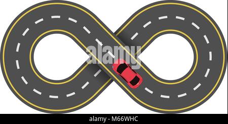 Abstrakte endlose Straße auf weißem Hintergrund. Cartoon rotes Auto. Die Fahrbahn. Vector Illustration Stock Vektor