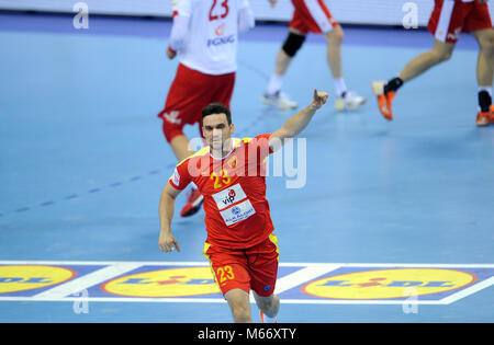 CRACOV, Polen - Januar 17, 2016: Männer EHF European Handball Federation EURO 2016 Krakau Polen Mazedonien Tauron Arena o/p: Stockfoto