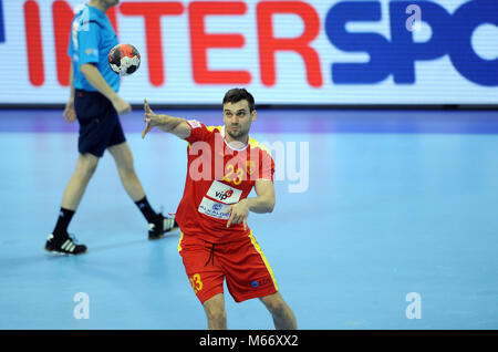 CRACOV, Polen - Januar 17, 2016: Männer EHF European Handball Federation EURO 2016 Krakau Polen Mazedonien Tauron Arena o/p: Stockfoto