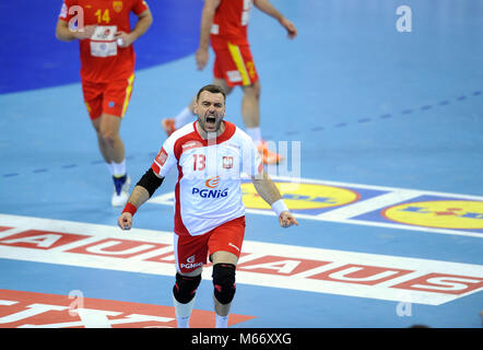 CRACOV, Polen - Januar 17, 2016: Männer EHF European Handball Federation EURO 2016 Krakau Polen Mazedonien Tauron Arena o/p: Stockfoto