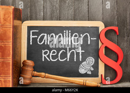 Fachanwalt für deutsche Wort Familienrecht (Familienrecht) als Konzept mit Recht Symbole neben Tafel Stockfoto