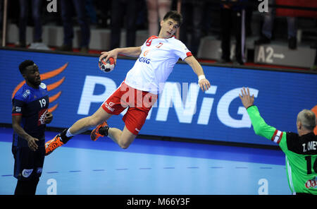 CRACOV, Polen - Januar 19, 2016: Männer EHF European Handball Federation EURO 2016 Tauron Arena Krakau Polen Frankreich o/p: Piotr Chrapkowski Stockfoto