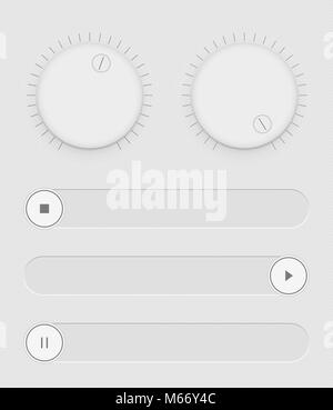Satz von Tasten und Schieberegler. Light Control durch die Benutzeroberfläche. Sound Management. Web Icons. Weiße Schieber ein- und ausschalten. Vector Illustration Stock Vektor