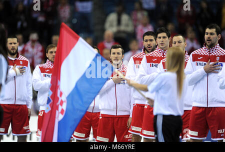 CRACOV, Polen - Januar 23, 2016: Männer EHF European Handball Federation EURO 2016 Krakau Tauron Arena Frankreich - Kroatien o/p: Kroatien Stockfoto