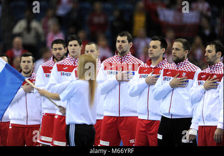 CRACOV, Polen - Januar 23, 2016: Männer EHF European Handball Federation EURO 2016 Krakau Tauron Arena Frankreich - Kroatien o/p: Kroatien Stockfoto