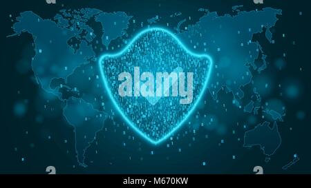 High-tech Computer Concept. Eine blau leuchtende neon Schild des binären Code gemacht. Markierung prüfen. Das System ist geschützt. Karte des Planeten Erde. Die dunklen Sce Stock Vektor