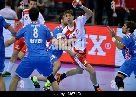 CRACOV, Polen - 27 Januar, 2016: Männer EHF European Handball Federation EURO 2016 Tauron Arena Krakau Polen Kroatien o/p: Piotr Chrapkowski Stockfoto