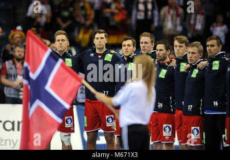 CRACOV, Polen - Januar 29, 2016: Männer EHF European Handball Federation EURO 2016 Krakau Tauron Arena Deutschland Norwegen o/p: Norwegen Stockfoto