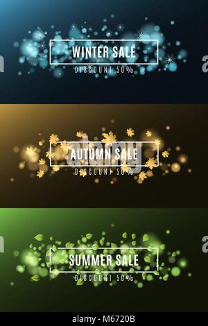Winter Sale. Herbst Sale. Summer Sale. Hintergrund von bunten Lichtern. Blendung. Weiße, rechteckige Banner. Fliegende Blätter aus Ahorn. Flying snow Stock Vektor