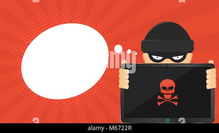 Ein cartoon Hacker ist eine gebrochene Tablet in der Hand. Leer Cloud für Text. Rote Schädel auf dem Bildschirm. High-tech-Computer. Cartoon Stil. Vektor krank Stock Vektor