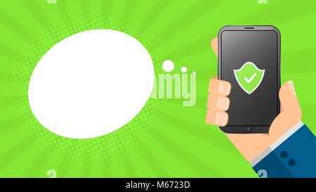 Ein cartoon Mann hält ein Handy in der Hand. Leer Cloud für Text. Grüne Schild auf dem Bildschirm. High-tech-Telefon. Das System ist geschützt. Cartoon styl Stock Vektor