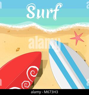 Surfbretter und ein Seestern auf dem Ozean. Eröffnung der Sommersaison. Entspannen Sie am Strand. Vector Illustration. EPS 10. Stock Vektor