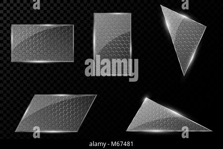 Glas geometrische Objekte mit einer Cyber Muster aus den Waben. Eine Reihe von leeren Banner für Ihre Projekte. Hi-tech-Design. Realistisches, klares Glas. Vec Stock Vektor
