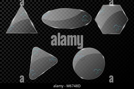 Glas geometrische Objekte mit einer Cyber Muster der Waben mit blauer Beleuchtung. Eine Reihe von leeren Banner für Ihre Projekte. Hi-tech-Design. Realist Stock Vektor