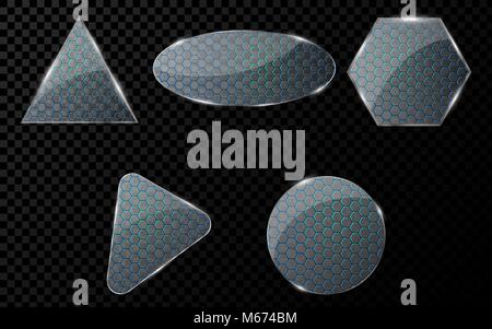 Glas Objekte mit einem cyber Muster der Waben mit blauer Beleuchtung. Eine Reihe von leeren Banner für Ihre Projekte. Hi-tech-Design. Realistisch, klar Stock Vektor