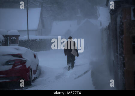 Peebles, Schottland. 1 Mär, 2018. UK Wetter: Menschen kämpfen in der Schneeverfrachtung in Peebles Schottland mit 40 cm Neuschnee folgenden Red Alert Übernachtkredit zu erhalten: Edward Shoote/Alamy leben Nachrichten Stockfoto