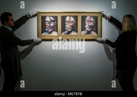 London, Großbritannien. 1 Mär, 2018. Francis Bacon, drei Studien für ein Portrait (1976, Schätzung: £ 10,000,000-15, 000.000) - Christie's Vorschau der Nachkriegszeit und Zeitgenössische Verkauf. Credit: Guy Bell/Alamy leben Nachrichten Stockfoto
