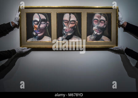 London, Großbritannien. 1 Mär, 2018. Francis Bacon, drei Studien für ein Portrait (1976, Schätzung: £ 10,000,000-15, 000.000) - Christie's Vorschau der Nachkriegszeit und Zeitgenössische Verkauf. Credit: Guy Bell/Alamy leben Nachrichten Stockfoto
