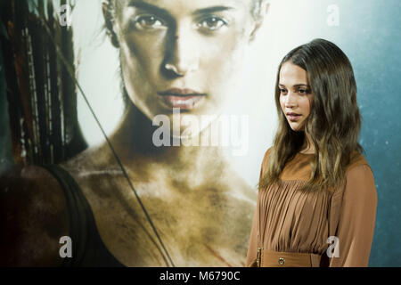Madrid, Spanien. 28 Feb, 2018. Alicia Vikander besucht die 'Tomb Raider' Fotoshooting bei Santo Mauro Hotel, am 28. Februar in Madrid, Spanien 2018. | Verwendung weltweit/picture Alliance Quelle: dpa/Alamy leben Nachrichten Stockfoto