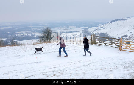 Brighton, UK. 1. März 2018. UK Wetter: Hund Wanderer die schönen Schnee Landschaft in Ditchling Beacon genießen Sie entlang der South Downs Way Nördlich von Brighton als "das Tier aus dem Osten' arctic Blast und Sturm Emma über das Land Foto von Simon Dack: Simon Dack/Alamy Leben Nachrichten genommen Stockfoto