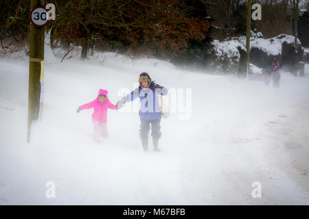 Tier aus dem Osten. Hoxne, Suffolk. 1. März, 2018. Schneeverwehungen und Schneestürme und Kämpfen in das winterliche Wetter zu laufen. Stockfoto