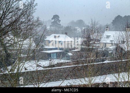 Honiton, Devon, 1. März 18 Blick über Sidmouth asder Tier aus dem Osten trifft Sturm Emma über South West England. Devon und Cornwall erwarten mehrere Zentimeter Schnee in den nächsten Stunden. Schnee ist eine große rareity auf das Devon Coast - Sidmouth hat keine hatten seit dem Winter 2010/11. Foto Central/Alamy leben Nachrichten Stockfoto