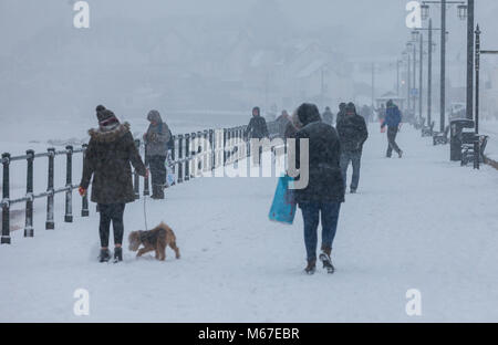 Honiton, Devon, 1. März 18 Schnee deckt die Küste von Sidmouth, wie das Tier aus dem Osten trifft Sturm Emma über South West England. Devon und Cornwall erwarten mehrere Zentimeter Schnee in den nächsten Stunden. Schnee ist eine große rareity auf das Devon Coast - Sidmouth hat keine hatten seit dem Winter 2010/11. Foto Central/Alamy leben Nachrichten Stockfoto