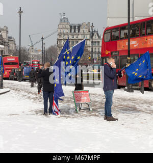 London, UK, 28. Februar 2018; Anti-Brexit Mitkämpfer Wave Europäische Flaggen außerhalb des Parlaments Stockfoto