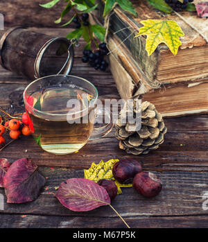 Tasse Kräutertee inmitten der Bündel Bücher der alten im Herbst Stil Stockfoto