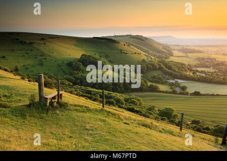 Blick von Devils Dyke, West Sussex bei Sonnenuntergang Stockfoto