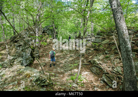 Zwei Wanderer mit Rucksäcken auf Rocky Trail im Wald in Arkansas Stockfoto