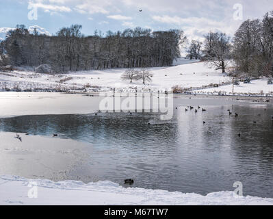 Winter Szenen in Leeds Castle, Kent, Großbritannien als "das Tier aus dem Osten' Schnee Sturm schlägt die weald Stockfoto