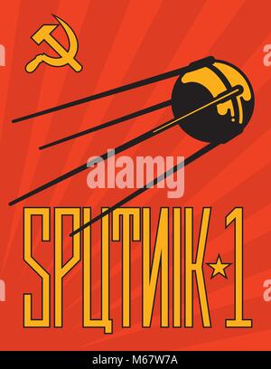 Retro Sputnik Satelliten-Vektor Design. Vintage Style russische Sputnik 1 Propaganda stil Plakatgestaltung mit kyrillischen Alphabet stil Schriftzug. Stock Vektor