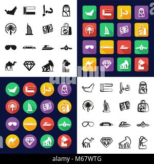 Vereinigte Arabische Emirate All in One Symbole Schwarzweiß Farbe flaches Design Freehand eingestellt Stock Vektor