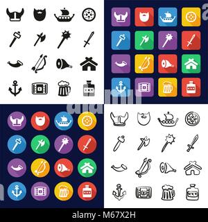 Viking Alles in Einem Symbole Schwarzweiß Farbe flaches Design Freehand eingestellt Stock Vektor