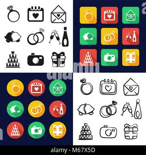 Hochzeit in einem Symbole Schwarzweiß Farbe flaches Design Freehand eingestellt Stock Vektor