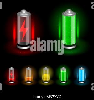 Akku Akkumulator Symbol auf dunklen schwarzen Hintergrund. Glänzend Batterien Kollektion mit grün rot orange gelb blau Anzeige Farbe. Leicht zu e Stock Vektor