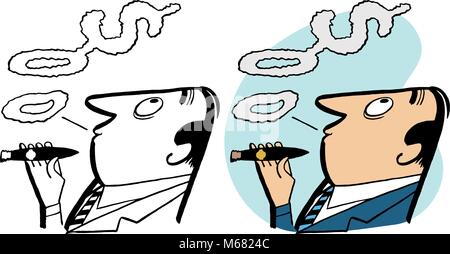 Ein Mann Rauchen einer Zigarre durchbrennenrauch Ringe, die Form ein Dollarzeichen. Stock Vektor