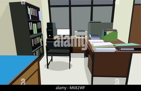 Zimmer Büro Arbeitsplatz design interieur mit Schrank, Tisch, Stuhl, Regal und Wand Cremefarben. Vector Illustration Stock Vektor