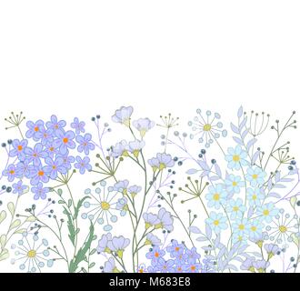 Vektor nahtlose Florale. Kräuter und Wildblumen. Botanischen Abbildung Gravur Stil. Blau auf Weiß Stock Vektor