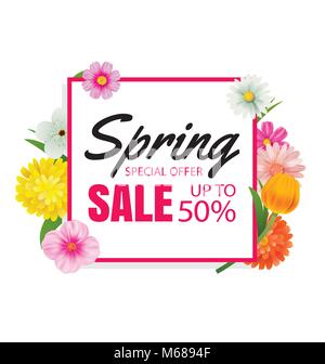 Frühling Verkauf banner Karte Vorlage mit bunten Blume Rahmen Hintergrund. Können Sie Beleg, Wallpaper, Flyer, Einladungen, Poster, Broschüre, Coupon di Stock Vektor