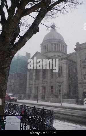 Seine Majetsy's Theater. Tier aus dem Osten, Schnee, Sturm Emma. Aberdeen, Schottland, Großbritannien. Stockfoto