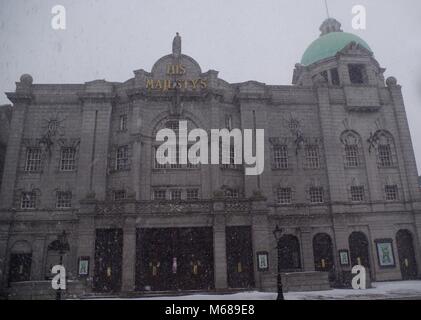 Seine Majetsy's Theater. Tier aus dem Osten, Schnee, Sturm Emma. Aberdeen, Schottland, Großbritannien. Stockfoto