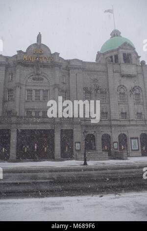 Seine Majetsy's Theater. Tier aus dem Osten, Schnee, Sturm Emma. Aberdeen, Schottland, Großbritannien. Stockfoto