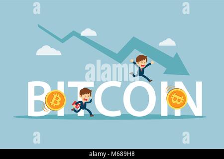 Unternehmer sind traurig an der bitcoin Preis fallen. Cryptocurrency markt Konzept. Flache Cartoon Character Design. Stock Vektor